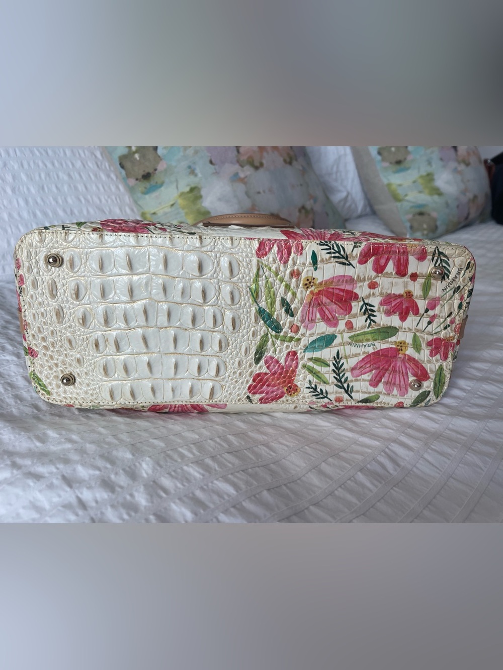 Brahmin Cream Floral Embossed Leather Tote with Tan Handles - Picture 6 of 8